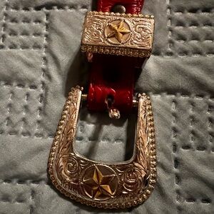 Justin Cowboy Red Leather Belt with Gold Star Buckle